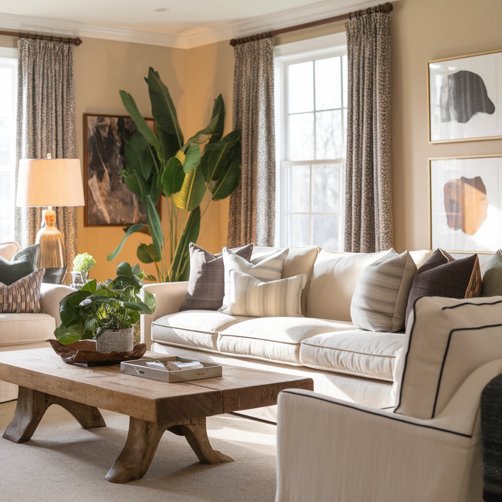 A photo of an American-style living room with a comfortable, cozy atmosphere. There's a beige sofa with multiple toss pillows in various patterns. 