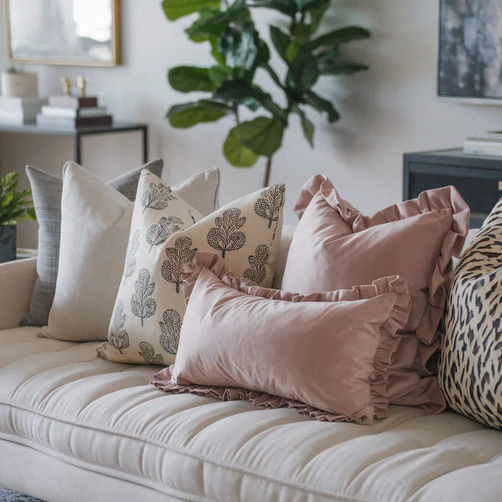 A photo of a modern living room with a plush neutral sofa adorned with decorative throw pillows in various styles—solid, block-printed, ruffled, and frilled.