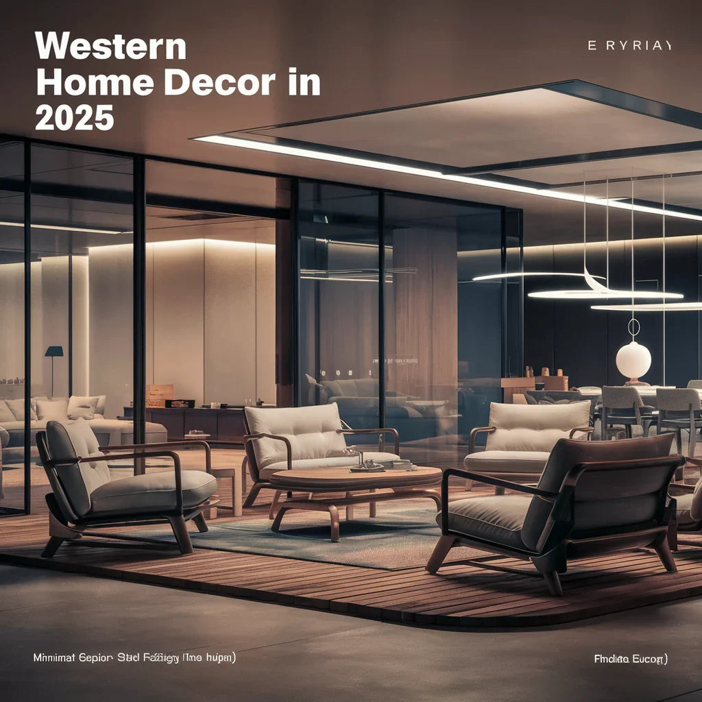 A futuristic vision of western home decor in 2025, showcasing a sleek and modern living space.