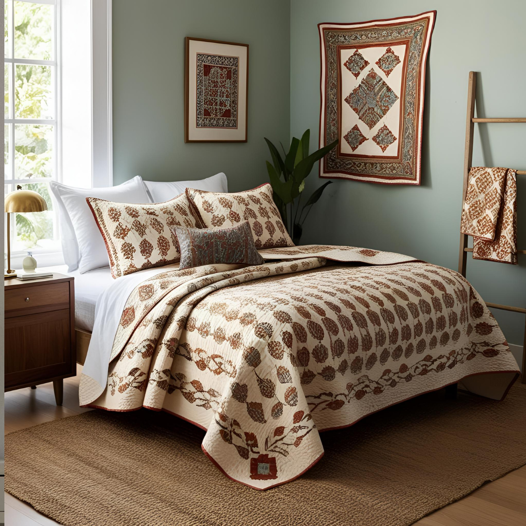 A cozy bohemian-style bedroom with a bed layered with linen accent pillows in earthy tones—soft browns, creams, and deep greens. A block print cotton quilt over the bed