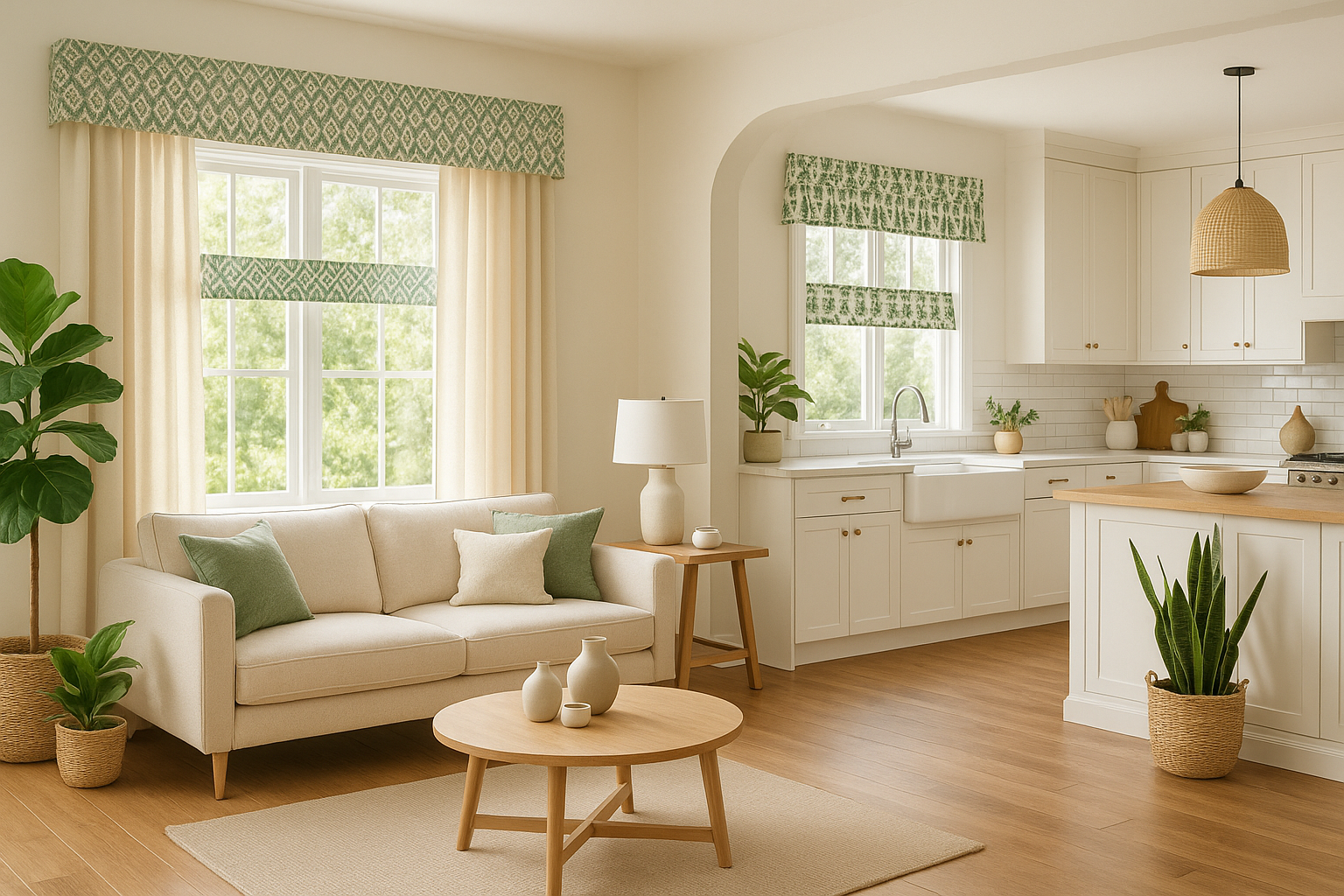 Elegant cream living room curtains with patterned valance framing a sunlit window, adding texture and color to modern home decor.