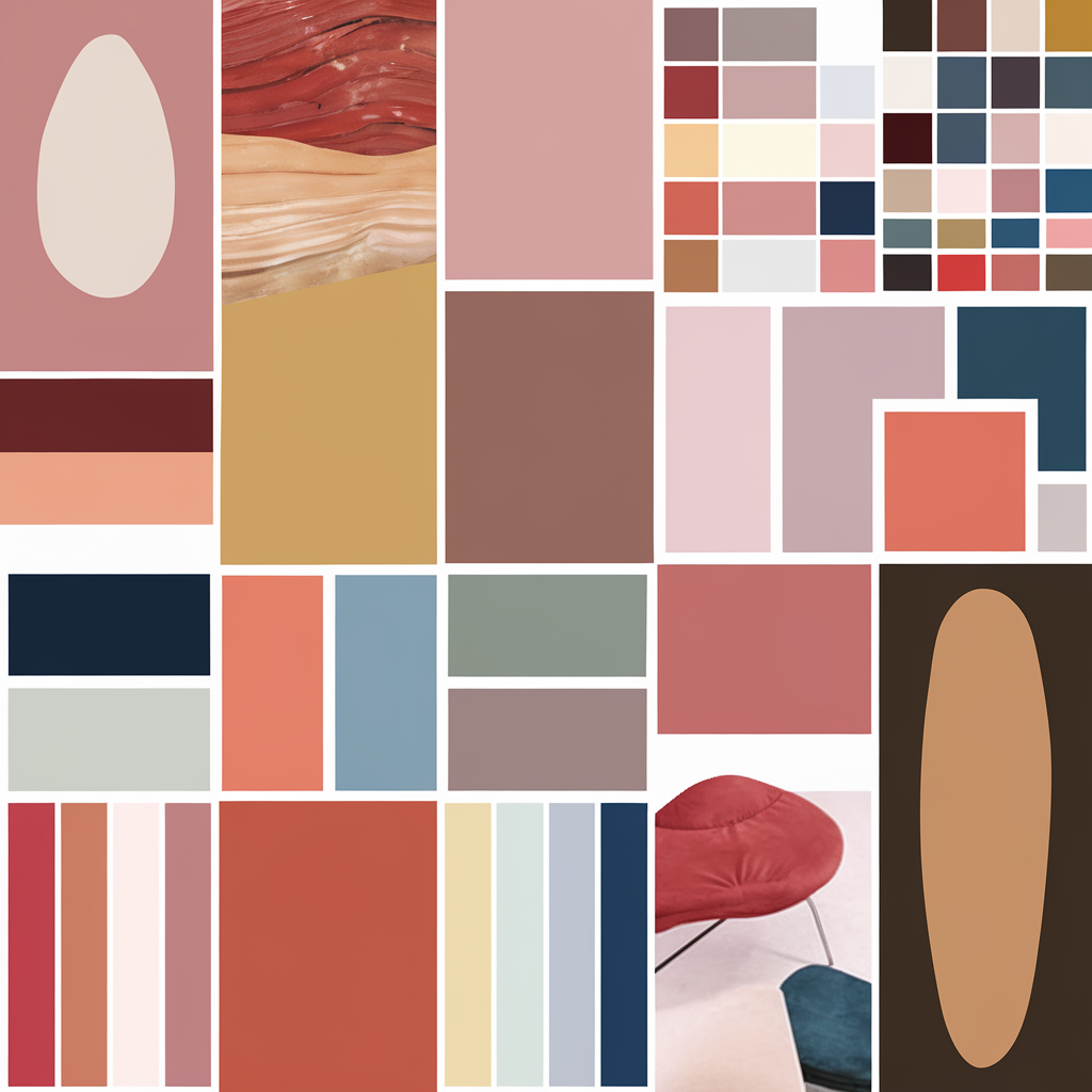 A collage of color combinations that designers are leaving behind in 2025. There are squares with various color schemes, including pastels, bold hues, and earthy tones