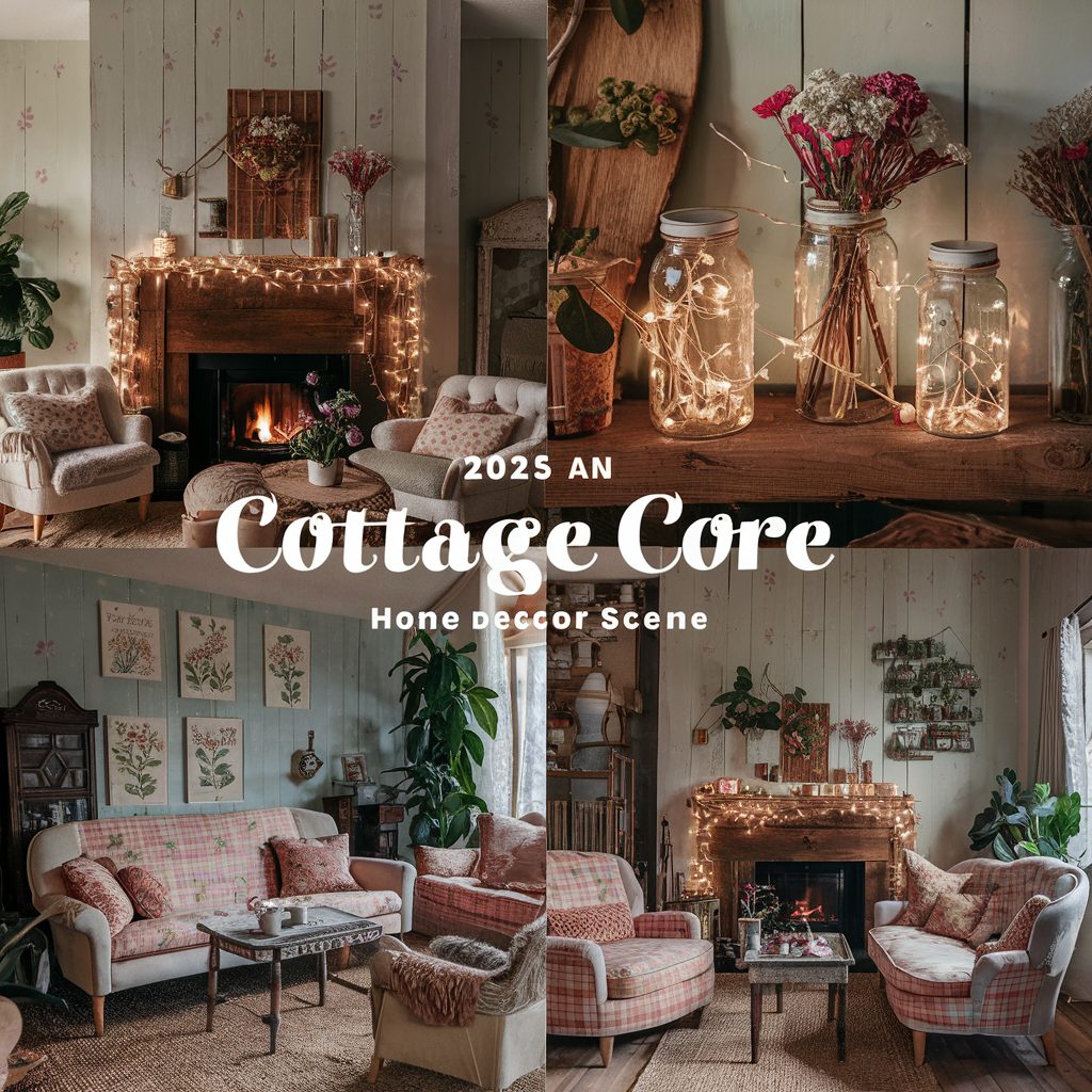 A cozy and charming 2025 cottage core home decor scene. The living room features a pastel color palette with floral patterns, comfortable vintage furniture, and rustic wooden accents.