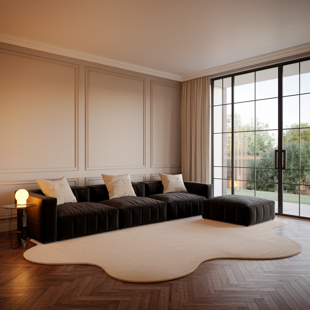 A modern and cozy living room with a neutral color palette. A dark velvet sectional sofa sits with beige cushion on a uniquely shaped off-white rug, complementing the warm wooden herringbone floor. 