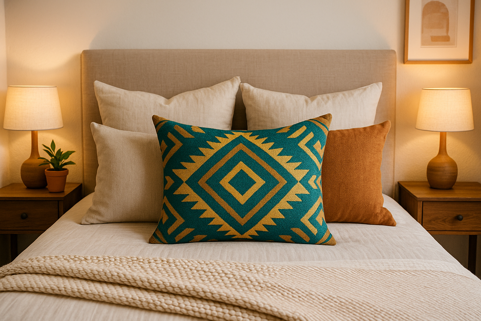 Decorative pillows styled on a modern king bed with layered sizes and a vibrant centerpiece pillow, creating a cozy and elegant bedroom look.
