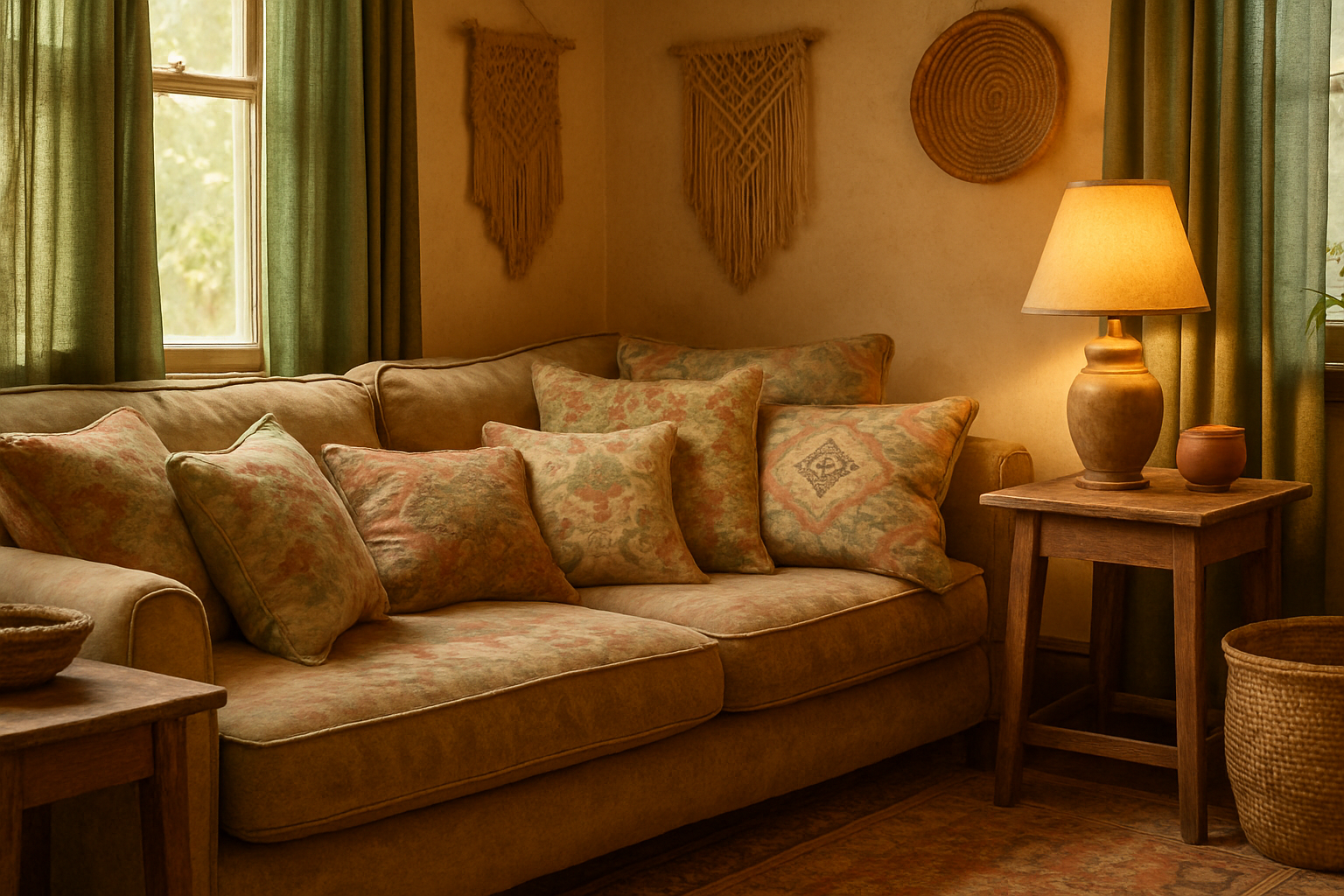 Boho-chic living room styled with vintage throw pillows featuring hand-stitched florals and paisleys, set against green curtains and rustic wooden side tables.