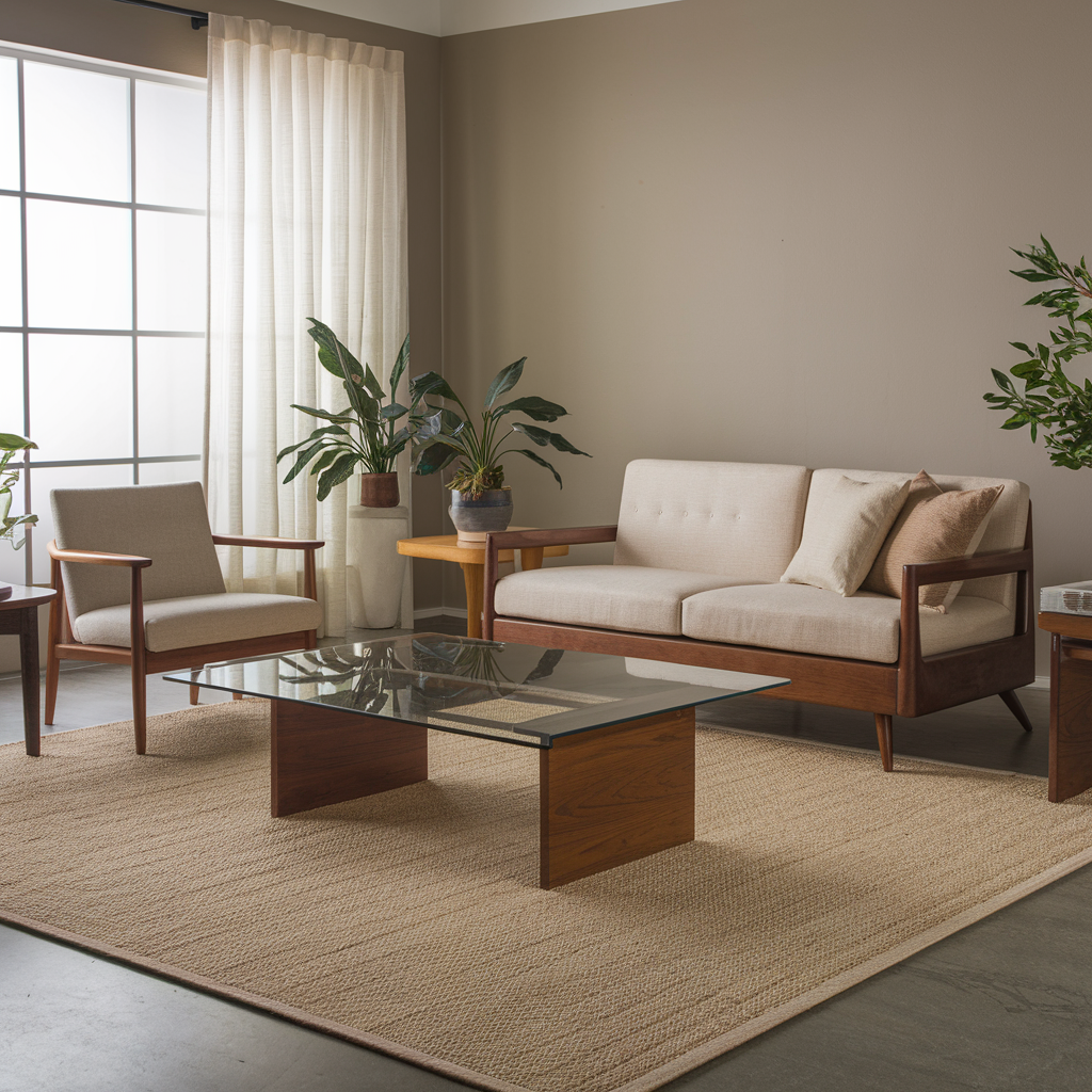 A modern small sitting room with a neutral color palette, featuring a beige upholstered sofa and armchair with wooden frames. A glass-top coffee table with a wooden base sits on a textured beige rug.
