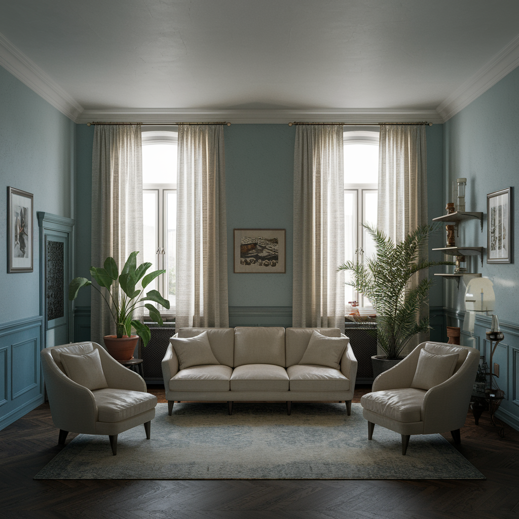 A living room with a cold and uninviting ambiance. The walls are painted in a light blue hue, and the furniture consists of a beige sofa and a couple of chairs.