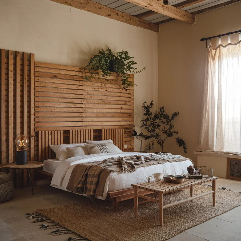 A photo of a bedroom with a rustic decor. The room has a wooden slat wall, a wooden bed frame, and a vintage lamp.