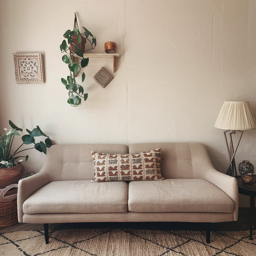 sofa with block printed cushion cover, window with block printed curtains and in one side of wall theis are decor with block printed wallpaper