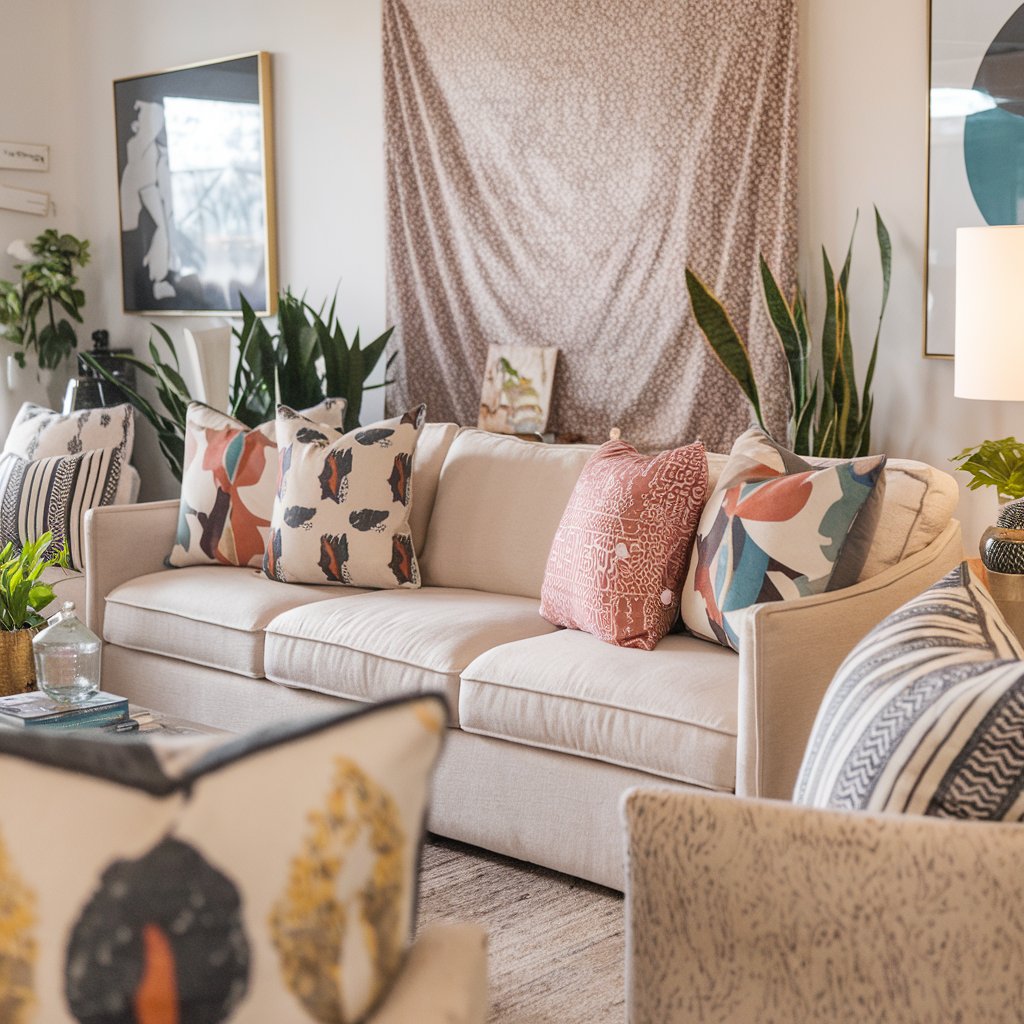 A photo of a boho-style living room with a beige sofa and a few chairs. There are block print boho throw pillows on the sofa and chairs