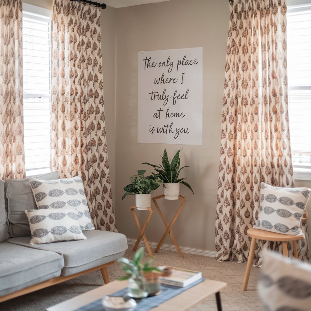 A photo of a cozy rental living room with a boho-chic décor. The room has block-printed curtains and cushion covers. 
