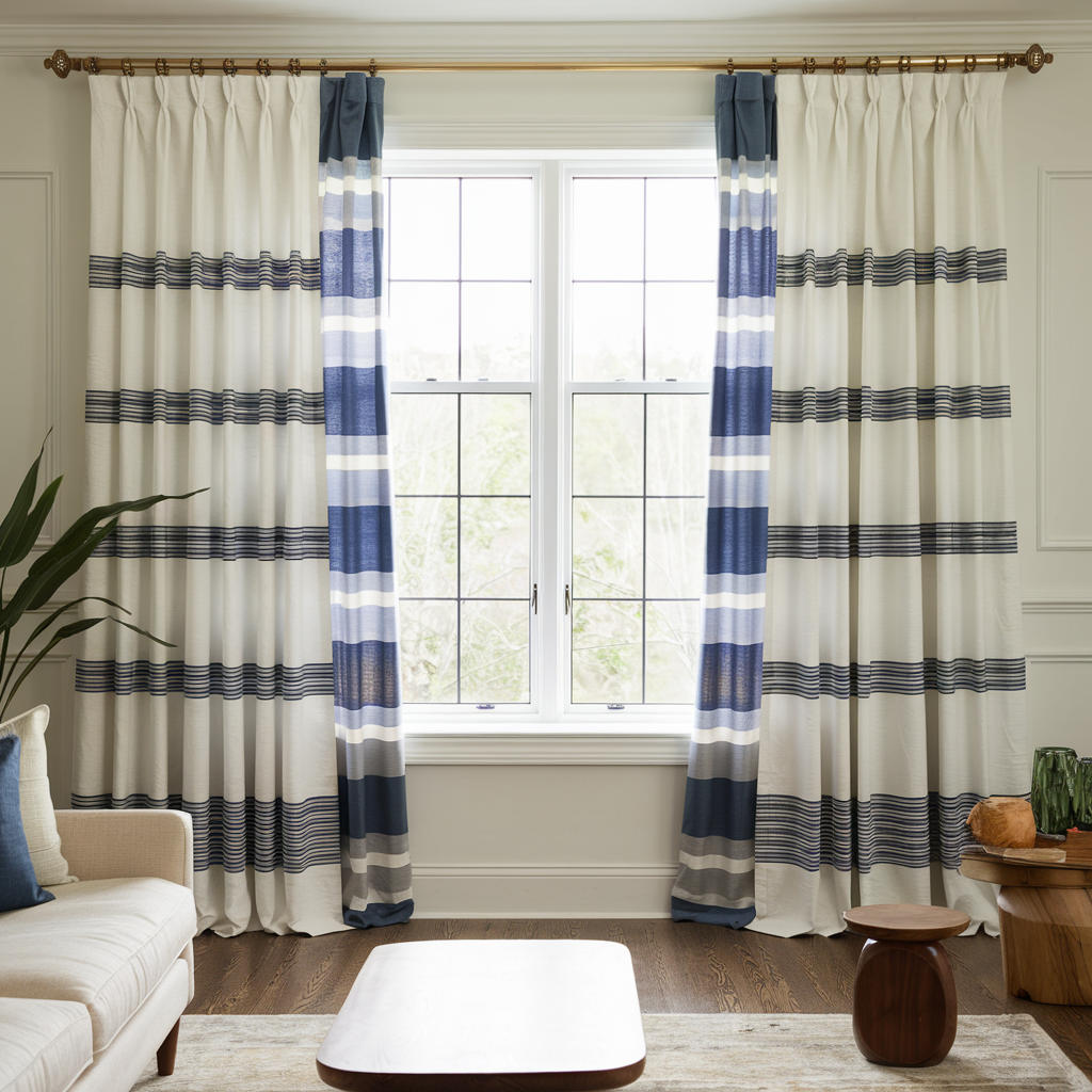 A photo of a living room with a large window. The window has a white curtain with blue stripes and a blue curtain with white stripes.