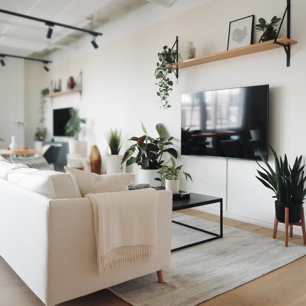 A photo of a modern living room with a white sofa, a black coffee table, and a few plants. There's a large wall-mounted TV. A wooden shelf above the sofa holds a few decorative items. The flooring is light wood. 