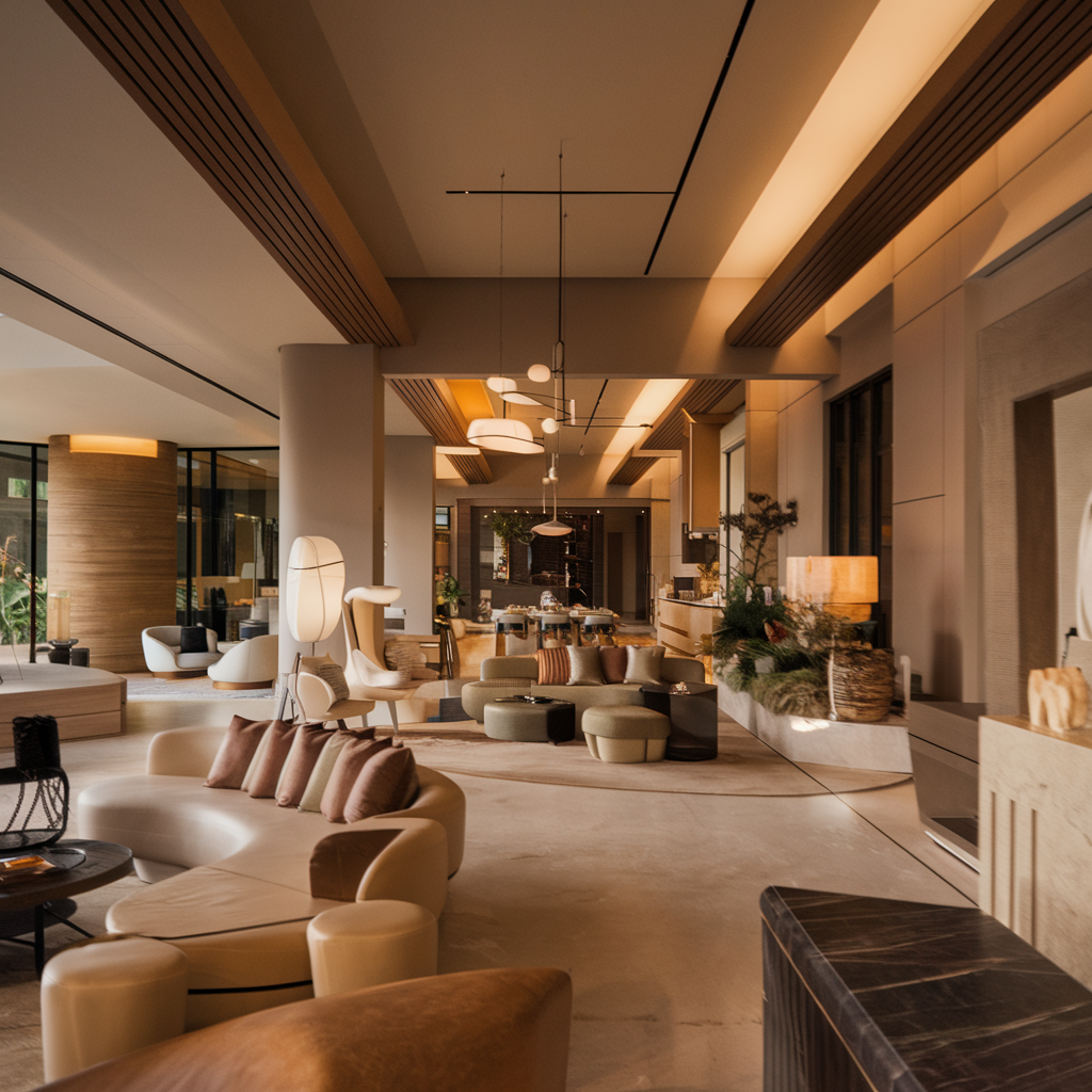 photo of a modern, sophisticated home interior with a warm and inviting atmosphere. The space is highly functional and features sleek furniture, elegant lighting, and a harmonious color palette.