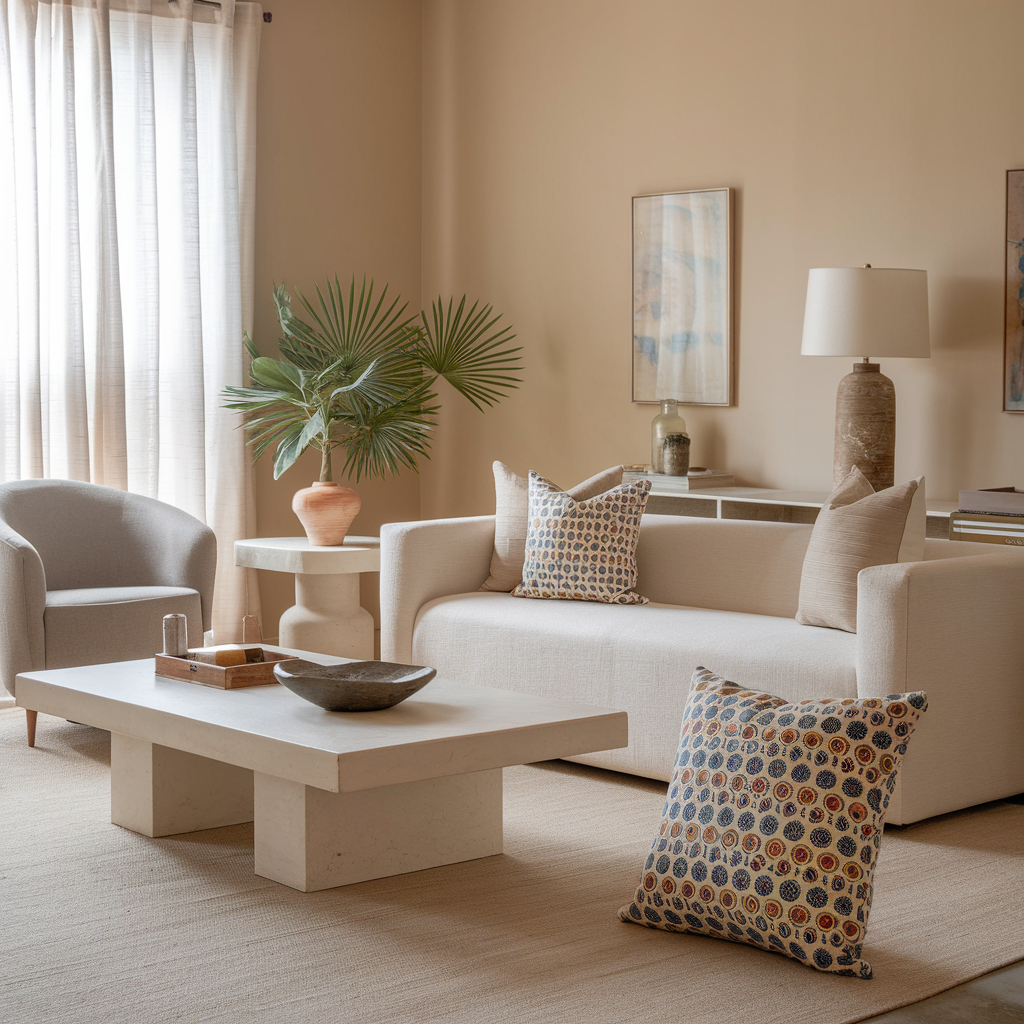 A photo of a serene living room with a warm minimalist design. The room features neutral-toned furniture, including a beige sofa, a white coffee table, and a grey chair.