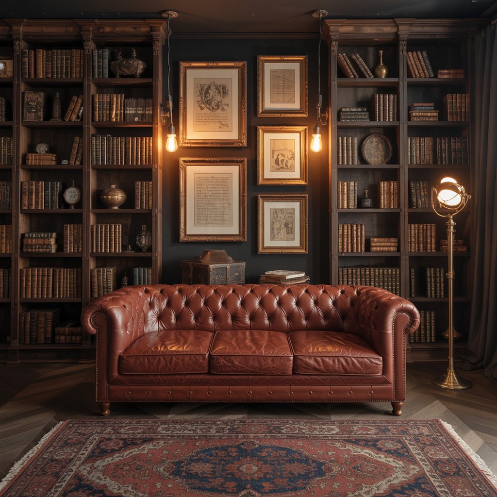 oxblood red walls, tufted leather sofas, shelves overflowing with old books, vintage gold-framed paintings, a distressed oriental rug, and moody table lamps.