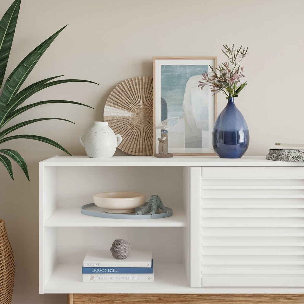  white shelving filled with books and ceramics.