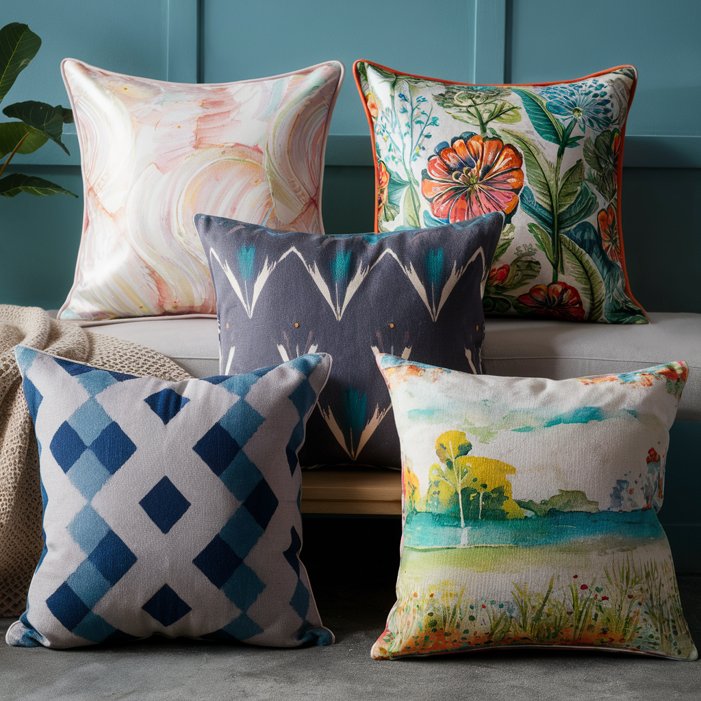 A stunning collection of five 20x20 throw pillow covers, each featuring unique and elegant designs, to elevate your home decor. The first cover showcases a beautiful abstract pattern in soft pastel colors, perfect for a cozy living room.