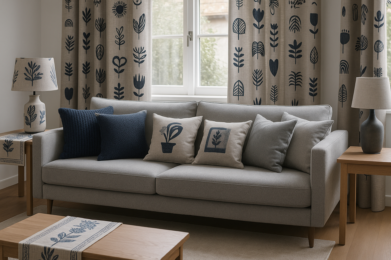 Modern grey couch with navy blue knitted pillows and personalized hand-block printed cushions, styled with matching curtains and table runners in a chic 2025 living room.