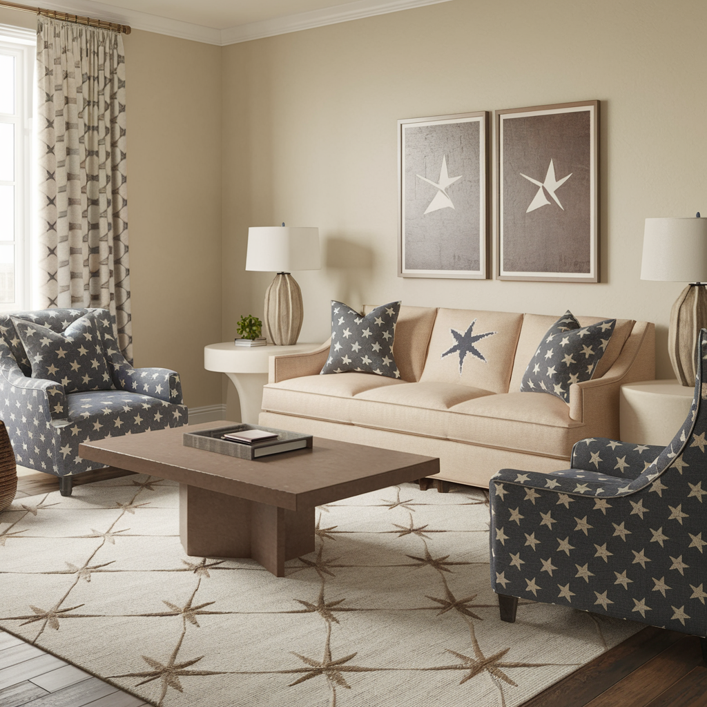 A USA-themed room decor with a mix of classic natural and muddy shades, as well as softer counterparts.