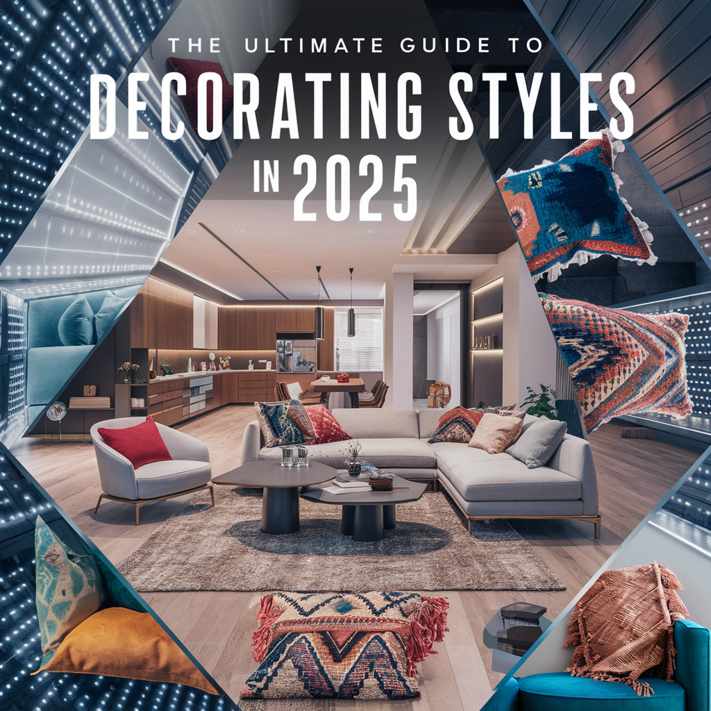 featuring various home decor styles. The image showcases a modern, open-concept living space with a beautiful blend of contemporary, minimalist, and bohemian elements. 