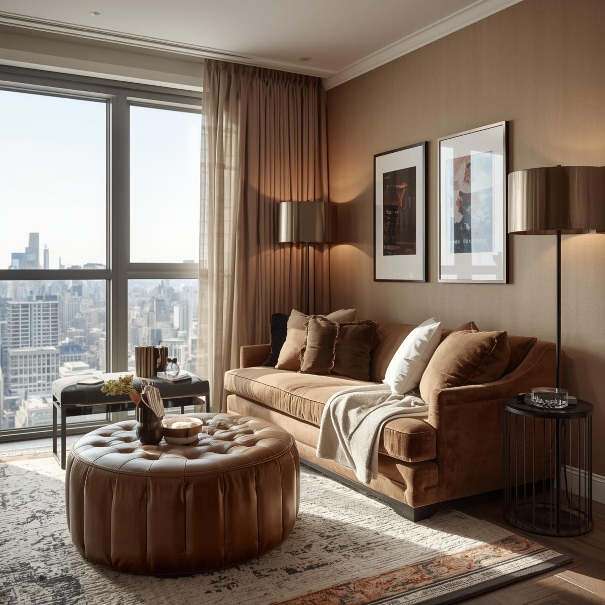 apartment interior with brown leather ottoman, brown couch, velvet cushions, and metallic lamps.