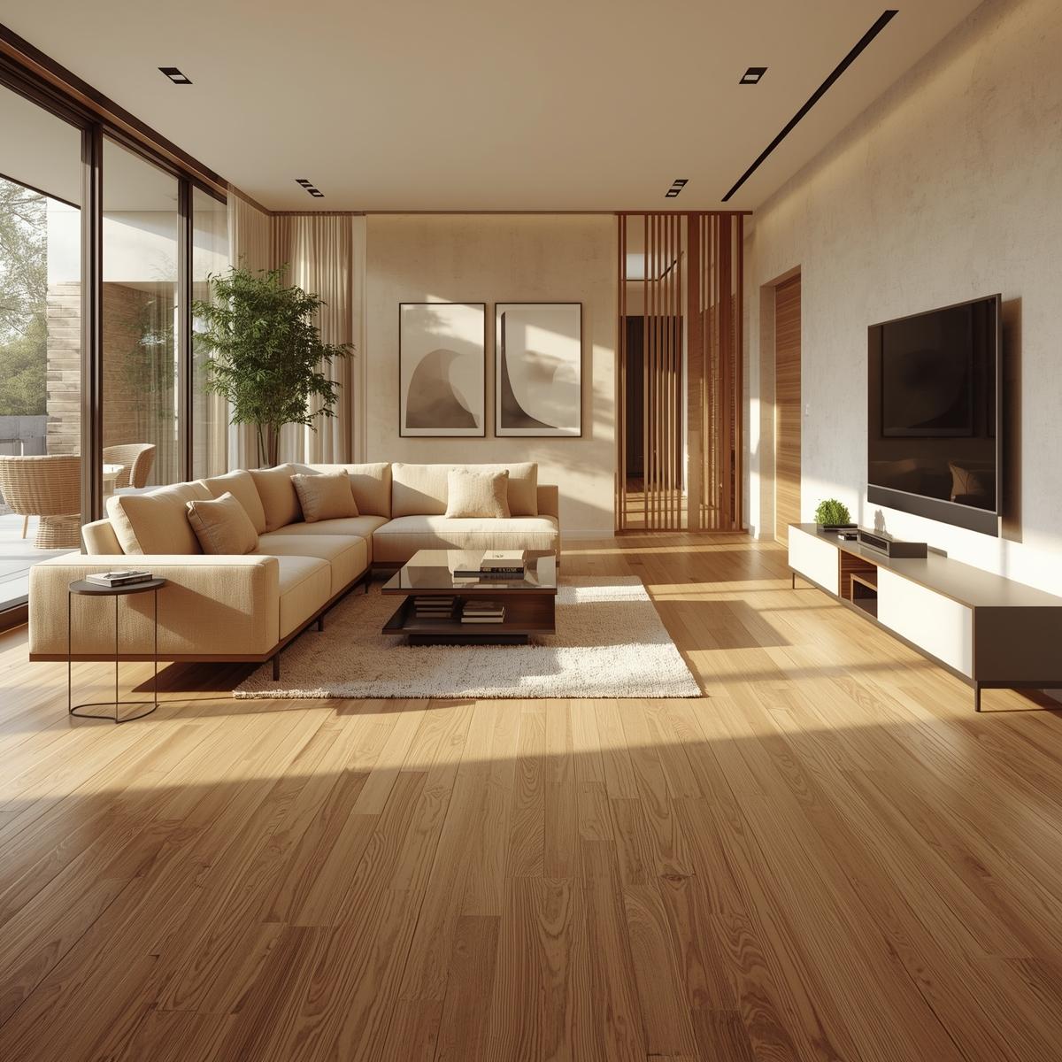 Modern living room with bamboo wooden flooring, beige sectional sofa, and natural light streaming through large windows.