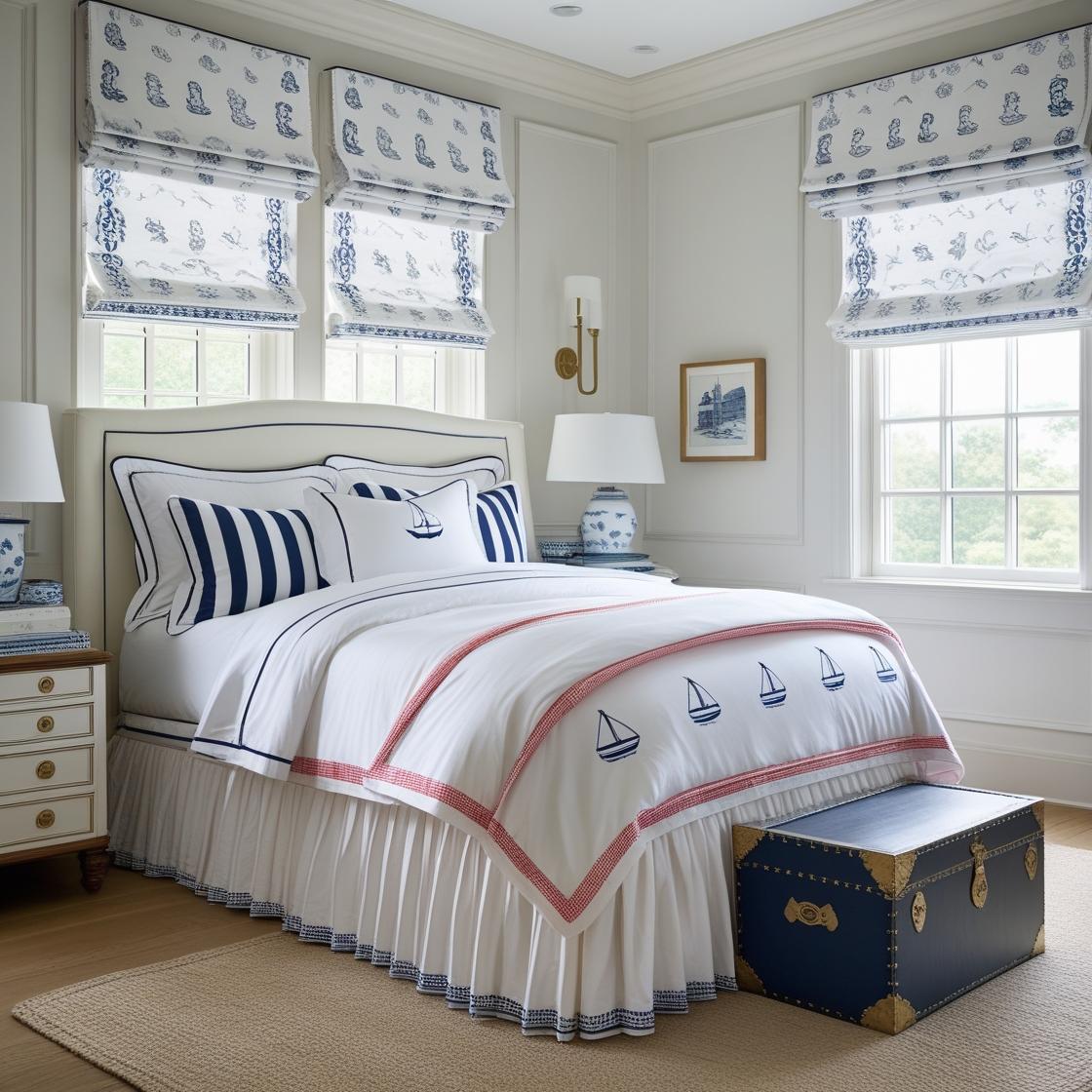 Preppy-style bedroom with a coordinated hand-printed bed setup and matching 74 sofa, styled with Roman shades, a designer lampshade, and elegant soft furnishings from Fabdivine.