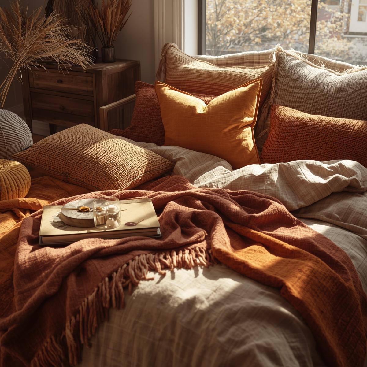 Fall-inspired bedroom decor featuring textured cushions, plush bedding, and warm amber and golden accents for a stylish seasonal makeover.