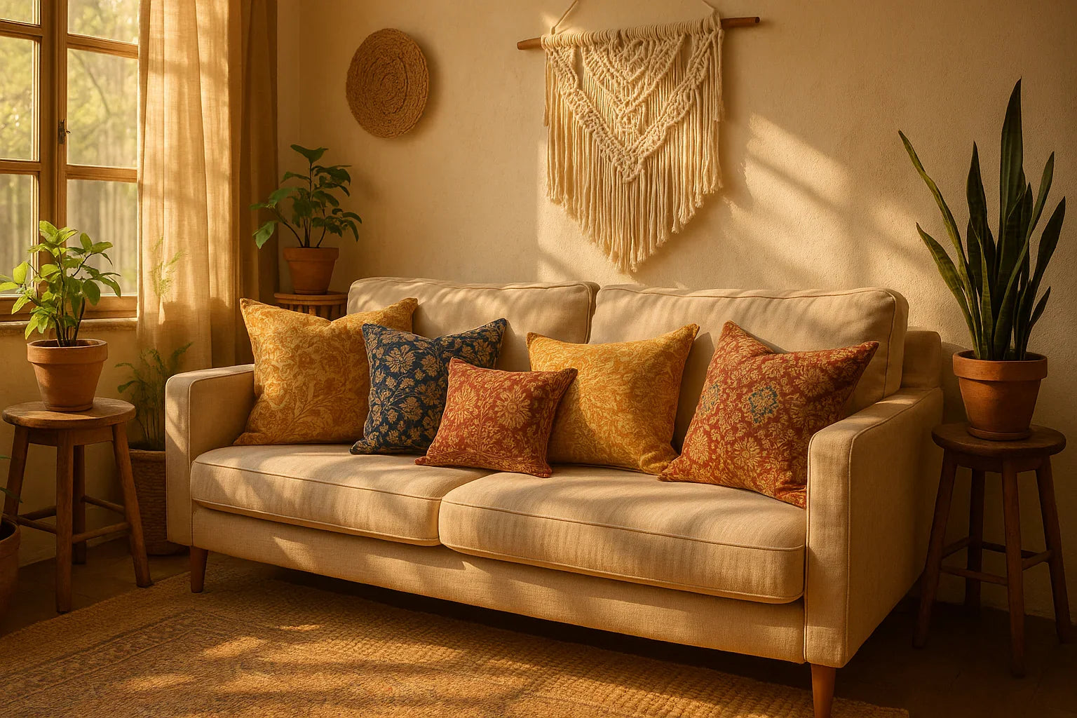 Eclectic mix of vibrant boho-style throw pillows featuring Indian block print designs in rich hues, placed in a relaxed, sunlit lounge space with rustic charm.