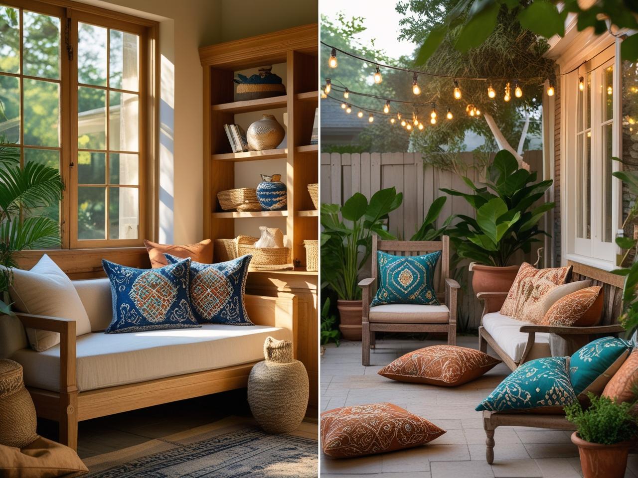 A cozy and elegant American home interior and backyard in 2025, showcasing the timeless charm of block print cushion covers.