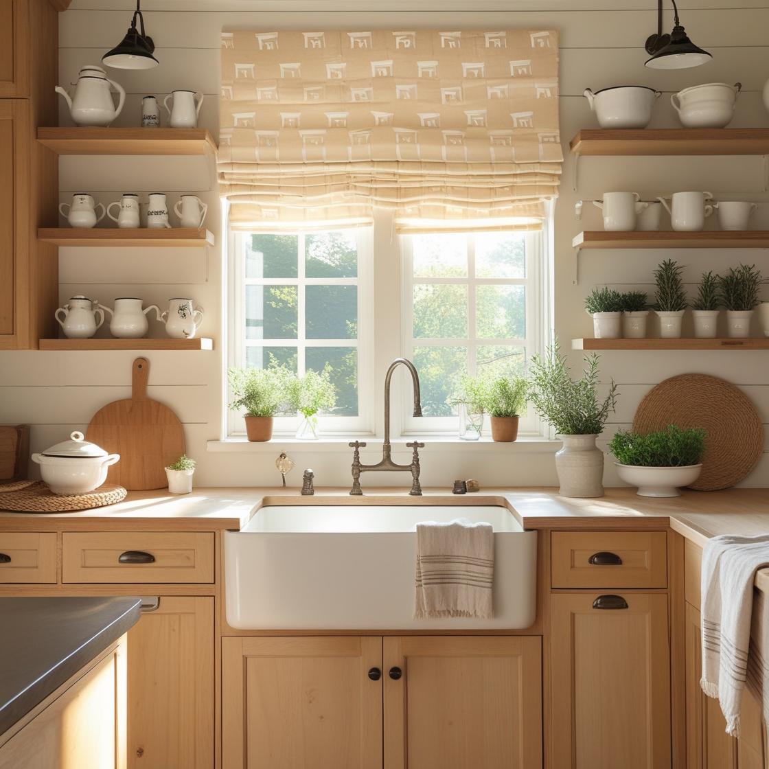 block-printed Roman shades over a sunlit window.