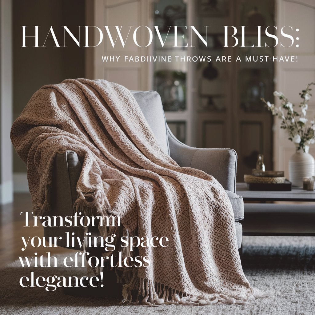  beautiful, intricately woven throw draped over a cozy armchair, with soft, warm colors that exude comfort and sophistication. The background features a tastefully designed living room that embodies the essence of modern American home decor. 