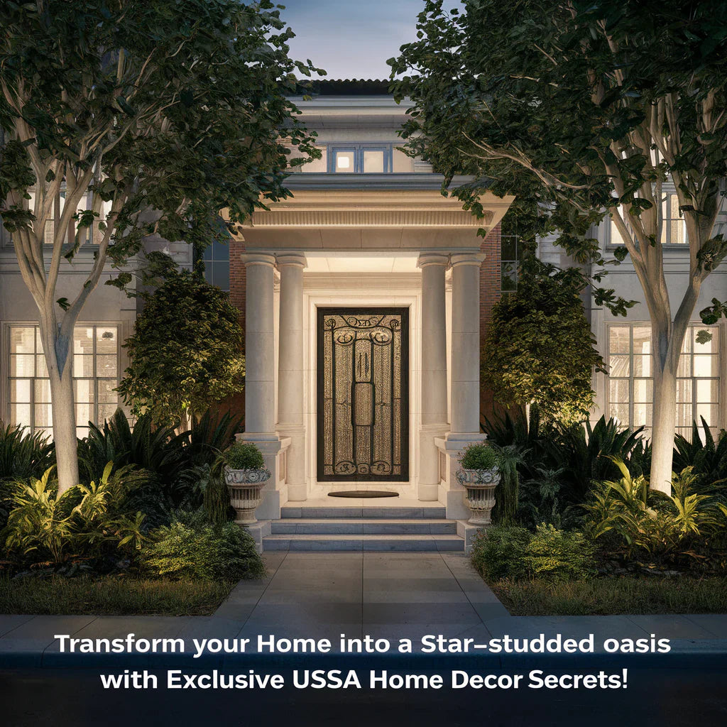 A captivating cover image featuring a luxurious celebrity-inspired home exterior with lush landscaping and a grand entrance. A single line reads: "Transform Your Home into a Star-Studded Oasis with Exclusive USA Home Decor Secrets!"