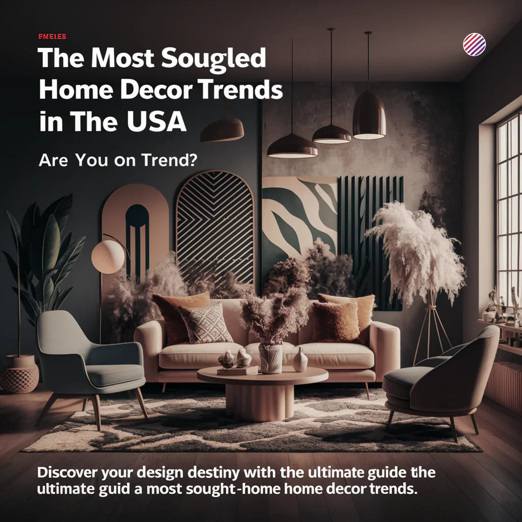 A stylish and eye-catching cover image for "The Most Googled Home Decor Trends in the USA – Are You On Trend?" features a modern living room with a blend of trends, including maximalist patterns, earthy tones, and contemporary furniture