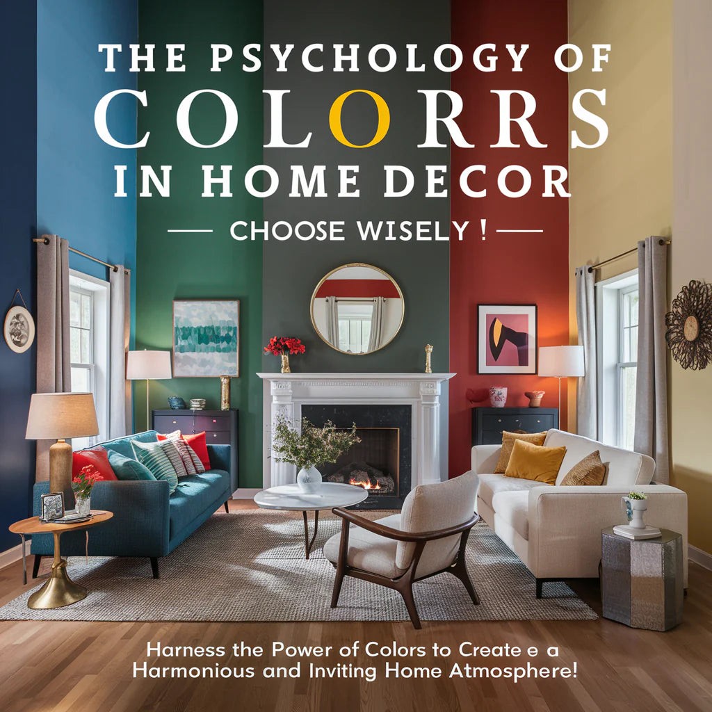 The Psychology of Colors in Home Decor – Choose Wisely!" featuring a beautifully staged living room with diverse color palettes. The walls showcase various shades of blue, green, red, and yellow, each symbolizing different emotions