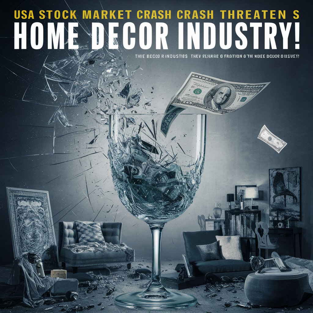 A striking cover image featuring a shattered glass and a single dollar bill fluttering in the wind, symbolizing the financial turmoil. The headline reads: "USA Stock Market Crash Threatens Home Decor Industry!
