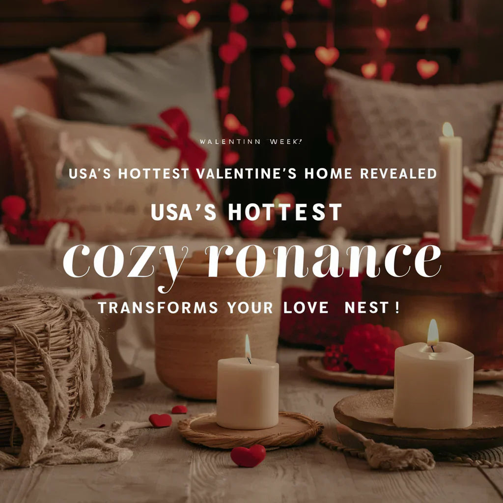 cozy and romantic American home during Valentine's week. The scene includes warm and inviting decor, such as soft pillows, candles, and heart-shaped decorations. 