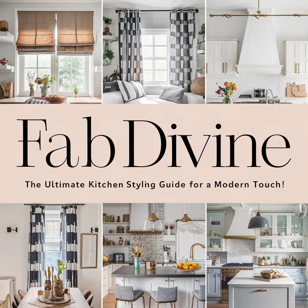 featuring the ultimate kitchen styling guide for a modern touch. The design showcases various elements of home decor, such as Roman shades, curtains, tension rods, and kitchen accessories.