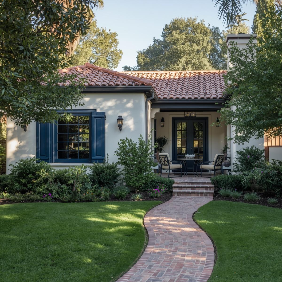 Small green cottage with white door and garden path.