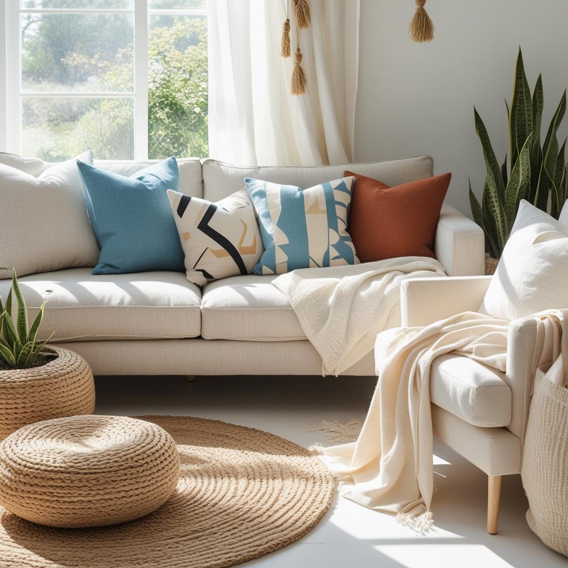 A cozy and stylish home interior scene showcasing a variety of cotton throw pillow covers in blue