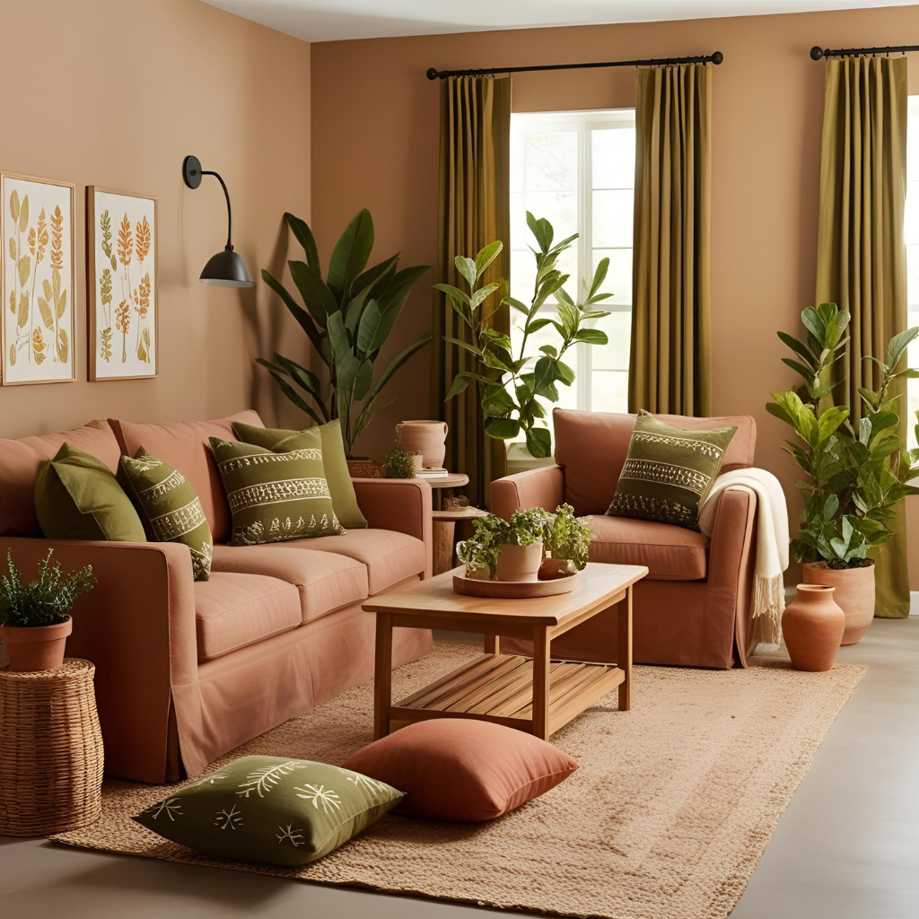 Natural light streaming through large windows, wooden furniture, textured linen cushions, potted indoor plants, and a calm, inviting atmosphere.