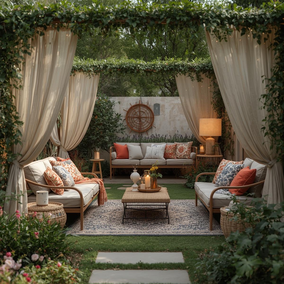 Cozy garden with lavender and hydrangeas, wooden chairs with blue-and-white block-printed pillows, leafy and geometric cushions, stone path, fountain, sunlight, tranquil and photorealistic.