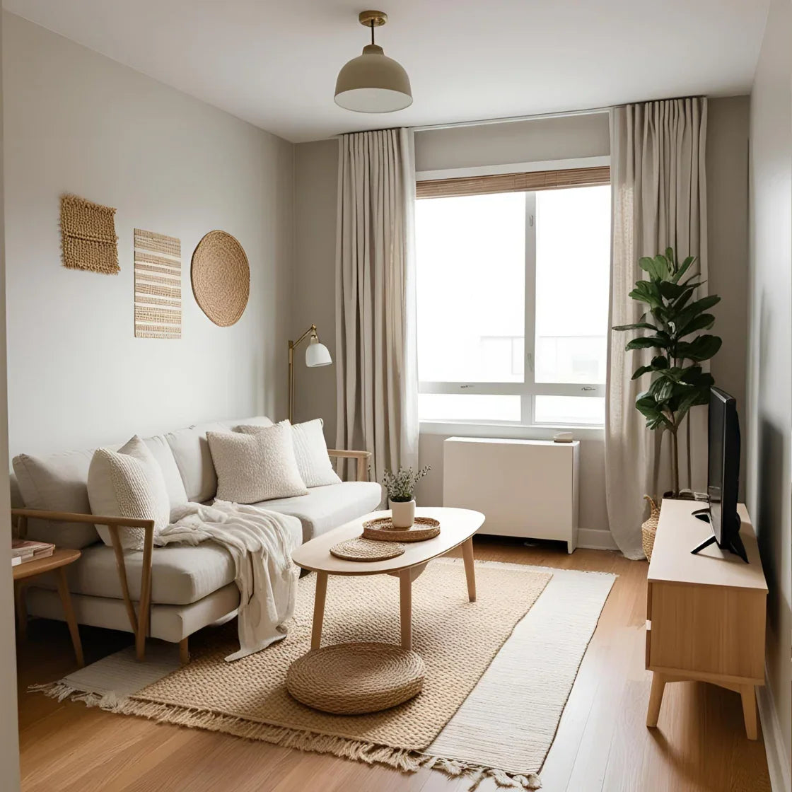 Cozy renter-friendly studio apartment with neutral furniture and plants