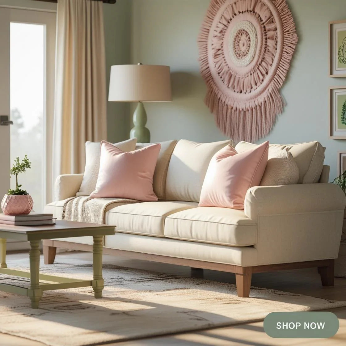 A cozy, sunlit modern American living room featuring stylish home decor elements such as throw pillows, a linen couch.