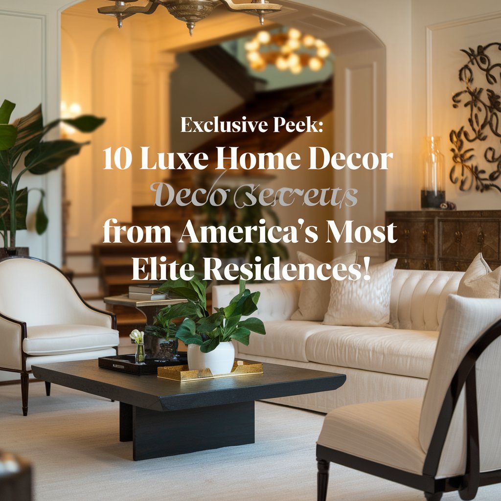 An attractive photo with the text "Exclusive Peek: 10 Luxe Home Decor Secrets from America’s Most Elite Residences!". The photo features a luxurious living room with a white sofa, a black coffee table, and a few plants.