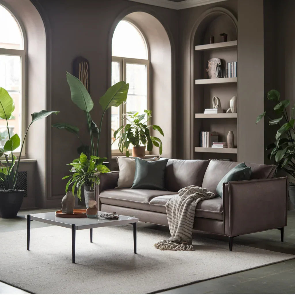 A photo of a modern living room with a sofa, coffee table, and plants. The walls are painted in a dark grey hue, and there are two potted plants near the window. The floor is covered with a white rug. 