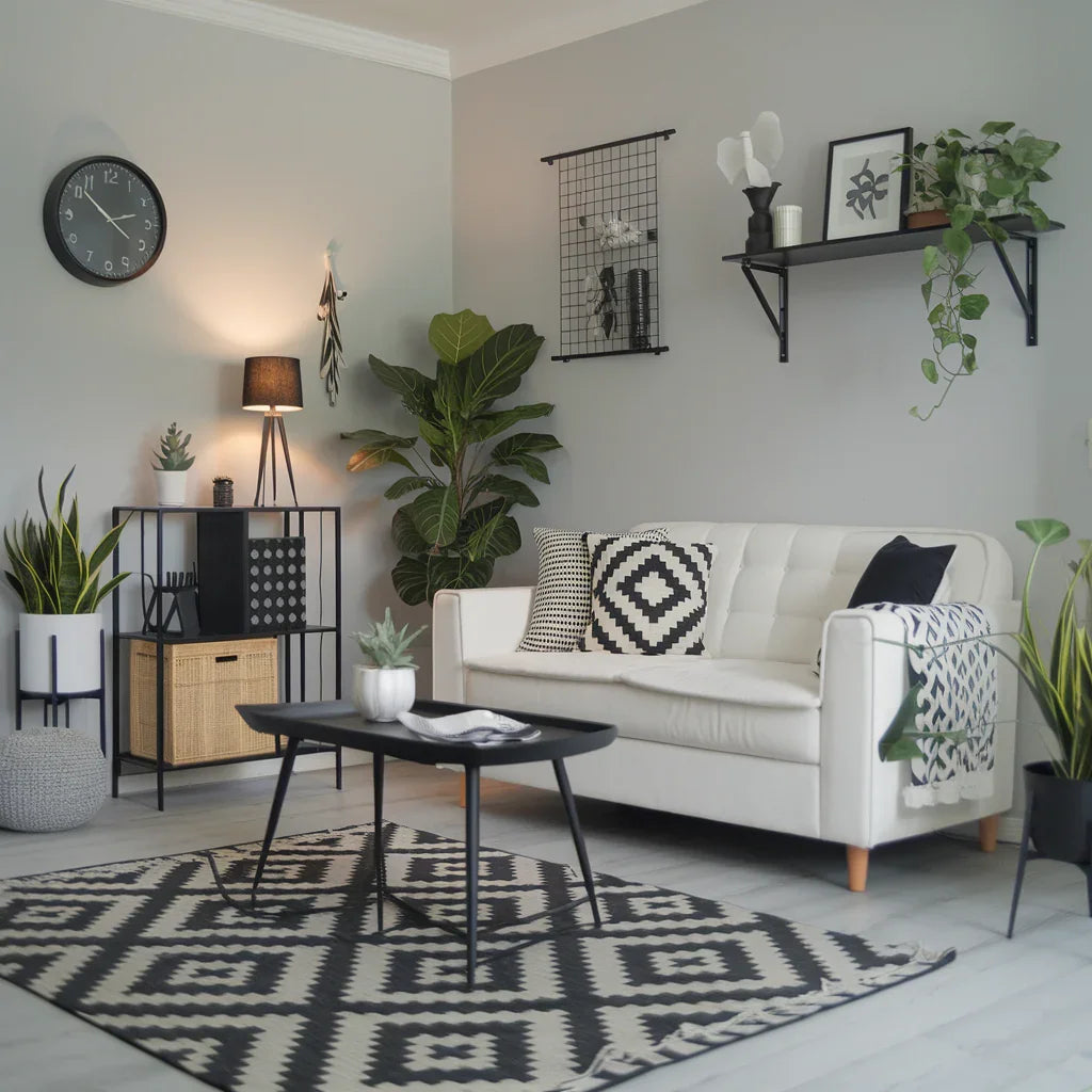 A photo of a living room with a modern decor style. The room has a white sofa, a black coffee table, and a few plants. There are also a few decorative items, including a wall clock, a lamp, and a shelf. 