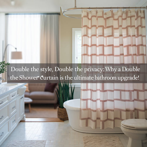 A photo of a bathroom with a double shower curtain. The bathroom has a white tub, a white vanity with a sink, and a toilet. The floor is tiled. There is a plant near the window. 